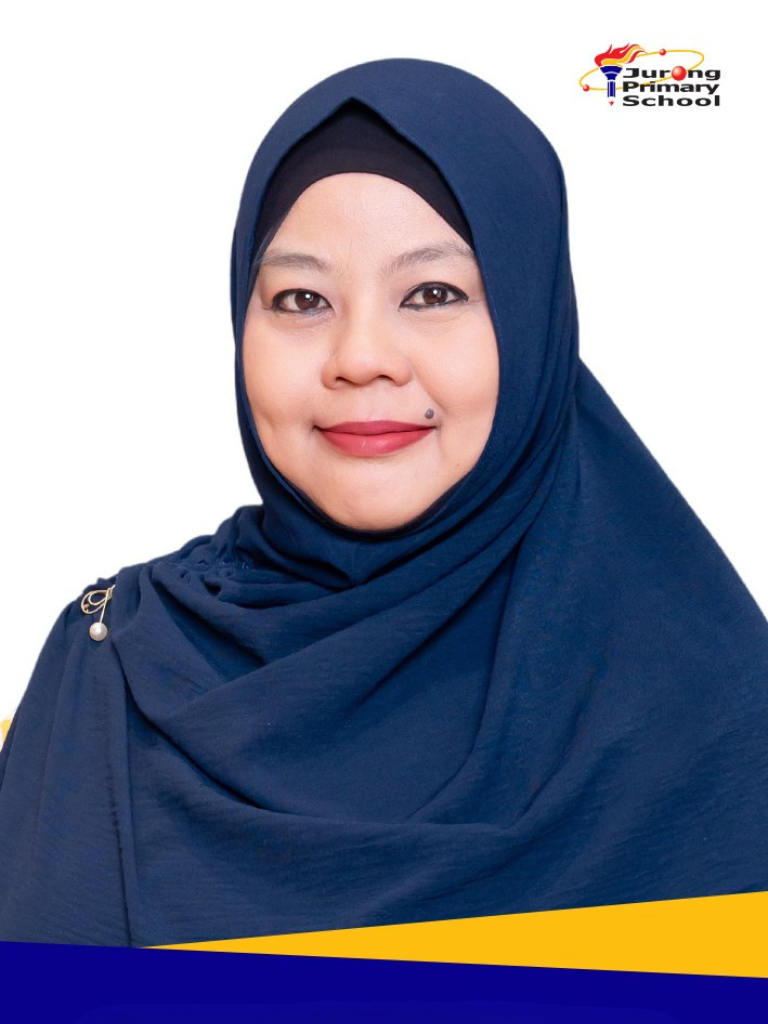 Smiling woman in navy blue hijab, pearl brooch